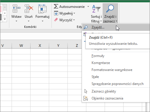 Opcja Znajdź na wstążce