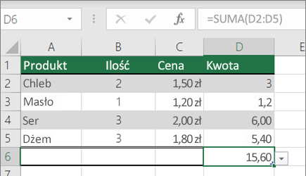 Przykład funkcji SUMA z nazwanym zakresem