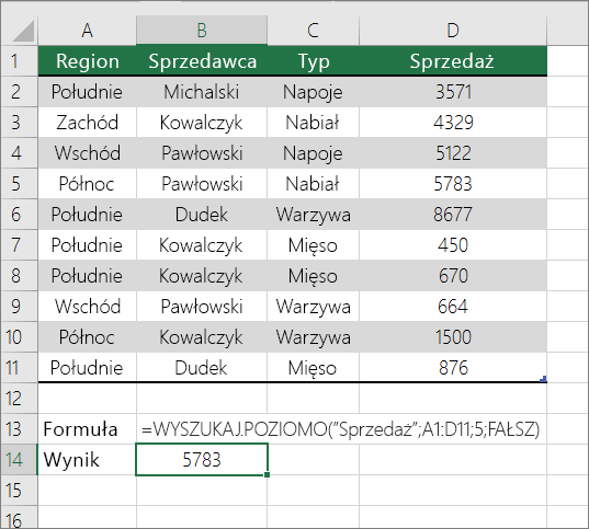 Przykład formuły WYSZUKAJ.POZIOMO w poszukiwaniu dokładnego dopasowania