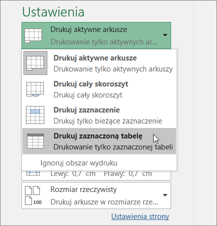 Drukowanie zaznaczonej tabeli