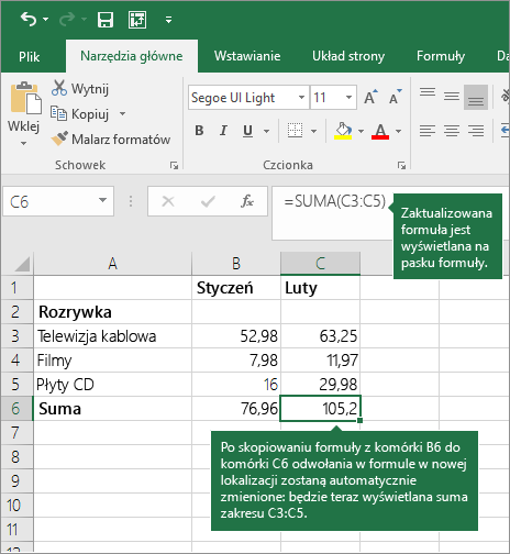 Podczas kopiowania formuły odwołania do komórek są aktualizowane automatycznie