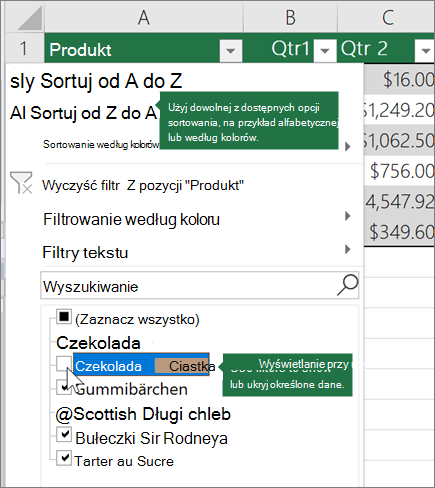 Sortowanie lub stosowanie filtru do tabeli