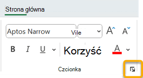 Przycisk Uruchom okno dialogowe czcionki na karcie Narzędzia główne na wstążce.