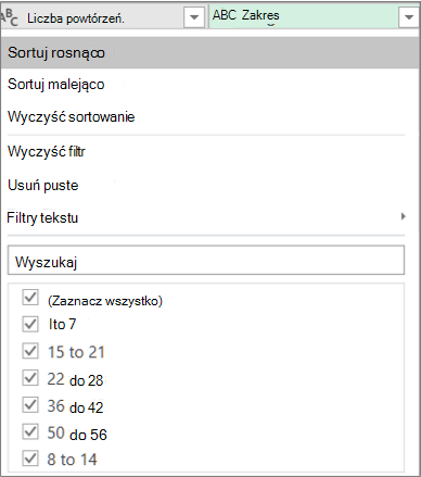 Wyświetlanie utworzonych zakresów za pomocą Autofiltru