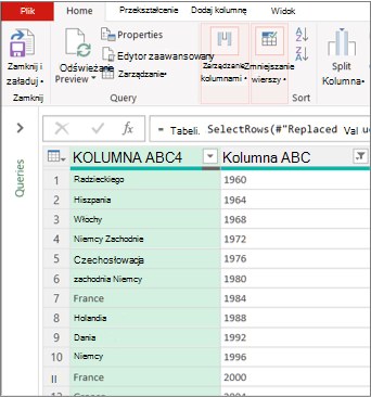 Typowy widok Edytor Power Query