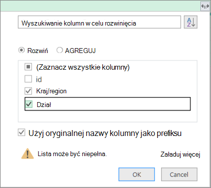 Rozwijanie tabeli strukturalnej w tabeli zapytań