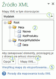 Okienko zadań Źródło XML