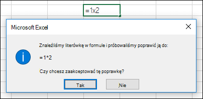 Okno komunikatu z prośbą o zamianę znaku x na znak * w celu mnożenia