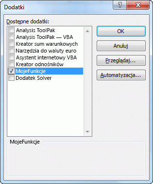 Okno dialogowe Dodatki