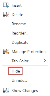 Ukryj kartę w Excel dla sieci web.