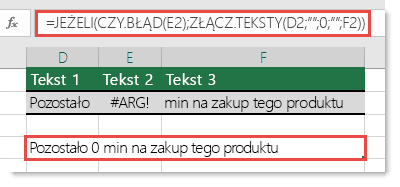Funkcje JEŻELI i CZY.BŁĄD zastosowane jako obejście w celu złączenia ciągu w przypadku wystąpienia błędu !ARG#