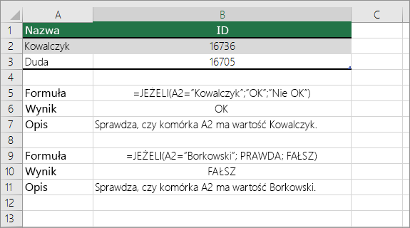 Przykłady funkcji JEŻELI