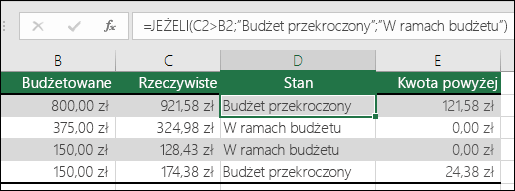 Formuła w komórce D2: =JEŻELI(C2>B2;Budżet przekroczony;W ramach budżetu)