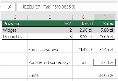 Formuła w komórce F7: JEŻELI(E7=Tak;F5*0,0825;0)