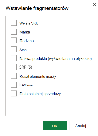 Zrzut ekranu przedstawiający opcje wstawiania fragmentatora.