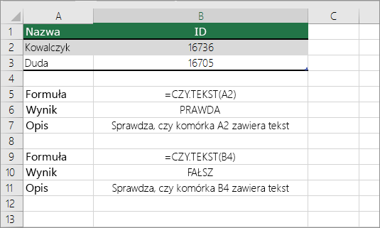 Przykłady funkcji CZY.TEKST