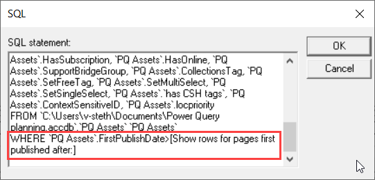 Widok SQL dodatku MS Query z wyróżnieniem klauzuli WHERE