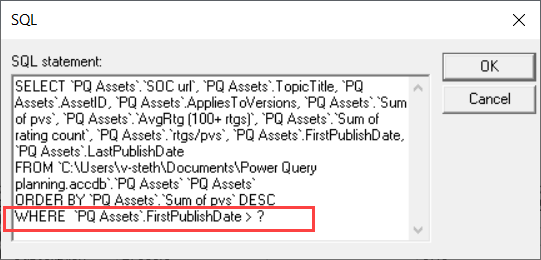 Widok SQL dodatku MS Query z wyróżnieniem klauzuli WHERE