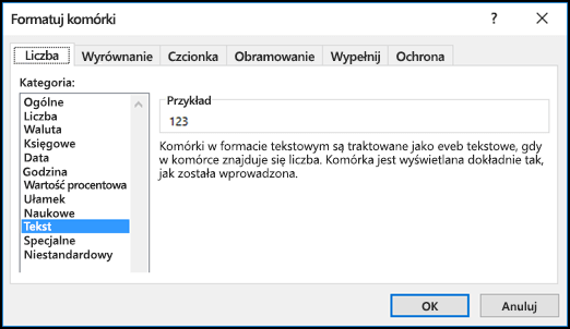 Okno dialogowe Formatowanie komórek z wyświetloną kartą Liczby i wybraną opcją Tekst.