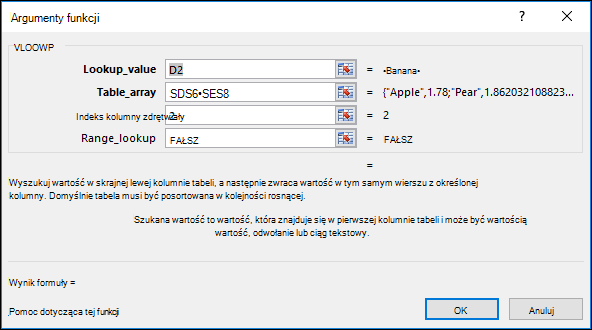 Przykład okna dialogowego Kreator formuł.