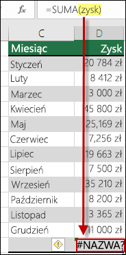 błąd #NAME? spowodowany literówką zdefiniowanej nazwy w rozwiązaniu składni