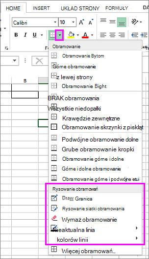Menu rozwijane Obramowanie umożliwiające wybranie opcji rysowania obramowania