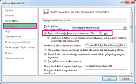 Opcja Zapisywanie w oknie dialogowym Opcje programu Excel
