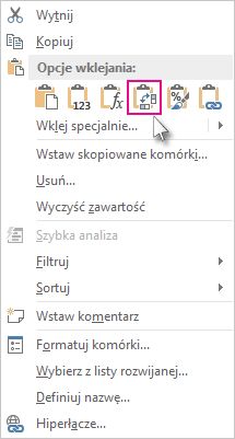 Menu opcji wklejania