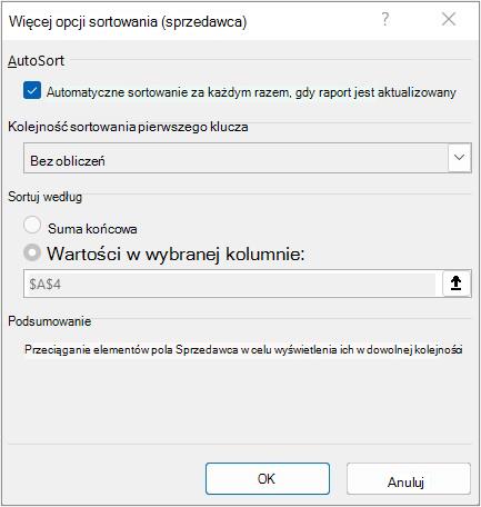 Okno dialogowe Więcej opcji sortowania