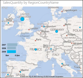 Mapa Europy w programie Power View z bąbelkami pokazującymi kwoty sprzedaży