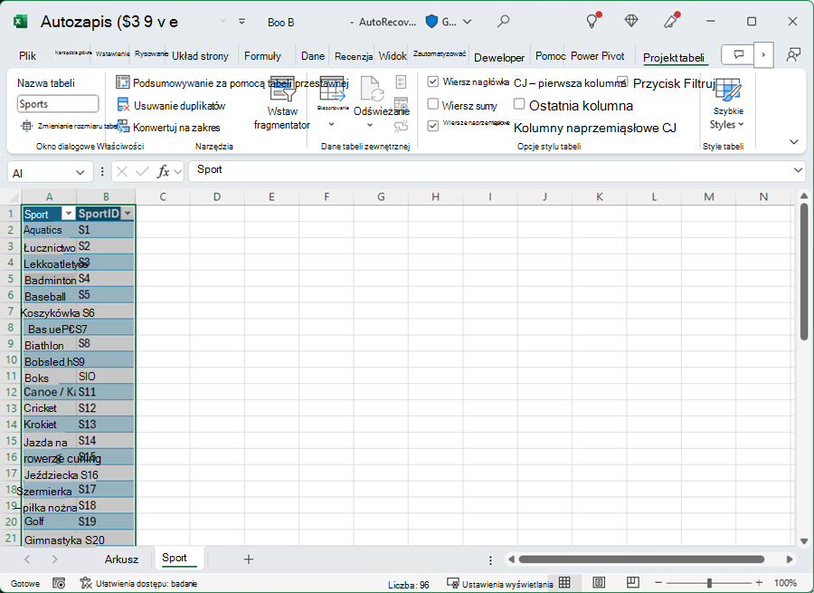 Nadawanie nazwy tabeli w programie Excel