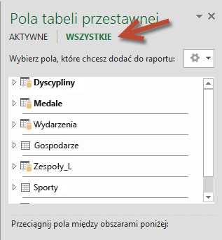 Kliknięcie w obszarze Pola tabeli przestawnej w celu wyświetlenia wszystkich dostępnych tabel