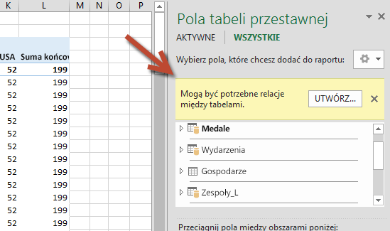 Monit o utworzenie relacji w obszarze Pola tabeli przestawnej