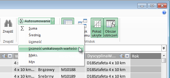 Tworzenie liczby wartości odrębnych w dodatku PowerPivot