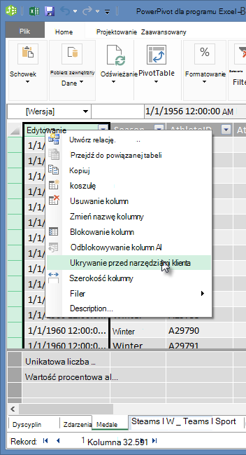 Kliknięcie prawym przyciskiem myszy w celu ukrycia pól tabeli przed narzędziami klienta programu Excel