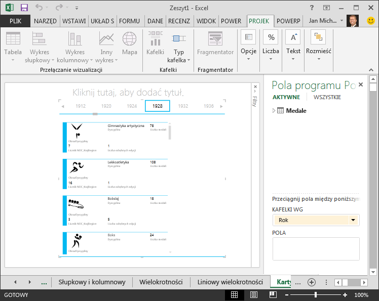 Kontener KAFELKI WG w raporcie programu Power View