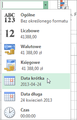 Polecenie Data krótka w galerii Format liczb