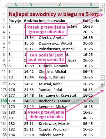 Używanie podziału w celu wyświetlania dwóch regionów wierszy