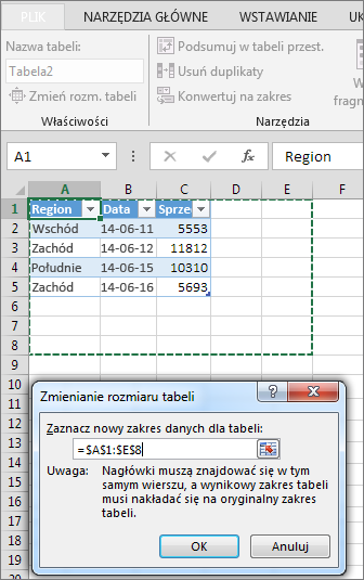Zmienianie rozmiaru tabeli