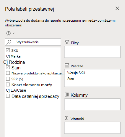 Pola tabeli przestawnej w Excel dla sieci web