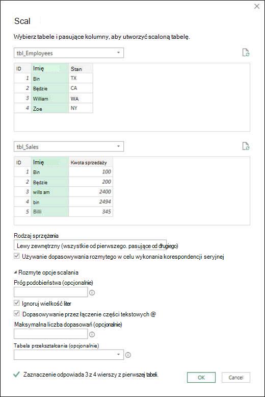 Power Query rozmyte opcje scalania
