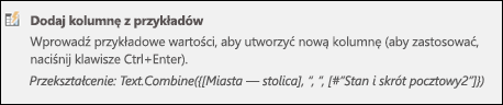 Kolumna połączona z przykładu w dodatku Power Query: formuła kolumny niestandardowej
