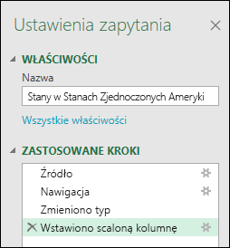 Kolumna połączona z przykładu w dodatku Power Query: okno Zastosowane kroki