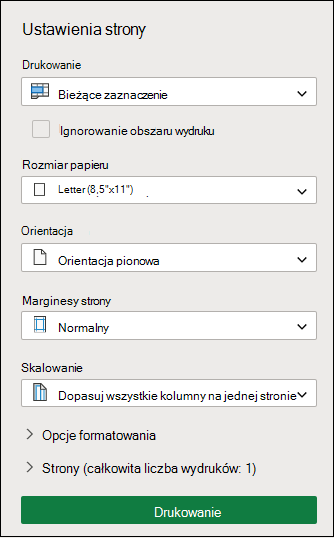 Drukowanie bieżącego zaznaczenia w Excel dla sieci web