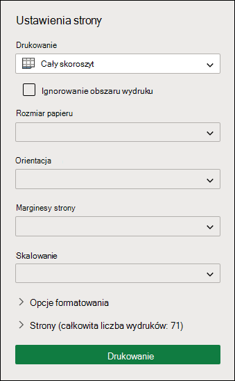 Drukowanie całego skoroszytu w Excel dla sieci web
