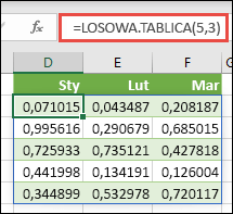 RANDARRAY w programie Excel. Funkcja LOSOWA.TABLICA(5;3) zwraca losowe wartości z zakresu od 0 do 1 w tablicy o wysokości 5 wierszy i szerokości 3 kolumn.