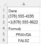 Używanie funkcji REGEXTEST w celu sprawdzenia, czy numery telefonów mają określoną składnię ze wzorcem ^\([0-9]{3}\) [0-9]{3}-[0-9]{4}$