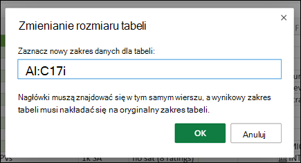 Okno dialogowe Zmienianie rozmiaru tabeli
