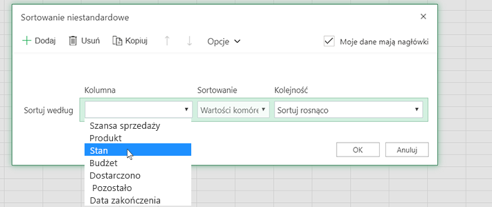 Wybieranie kolumny w oknie dialogowym sortowania niestandardowego
