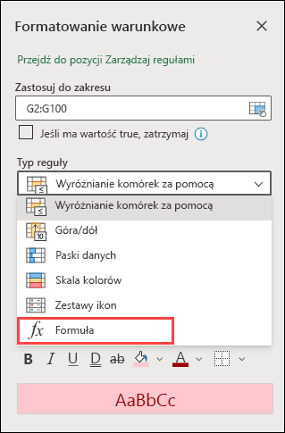 Wybierz regułę formuły